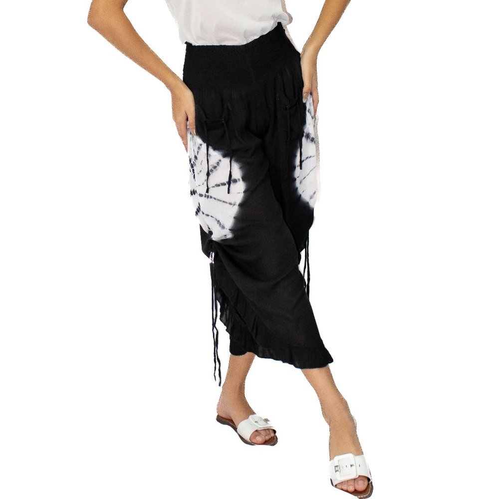 Black TD Solid High Low Flared Ruffled Printed Pant